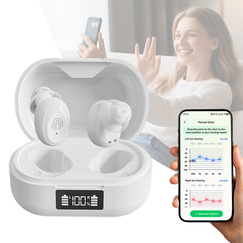 The TS511 Plus digital hearing aid features a 16-channel noise-canceling digital display, connects to a mobile app, and integrates an amplifier, making it suitable for middle-aged and elderly users.